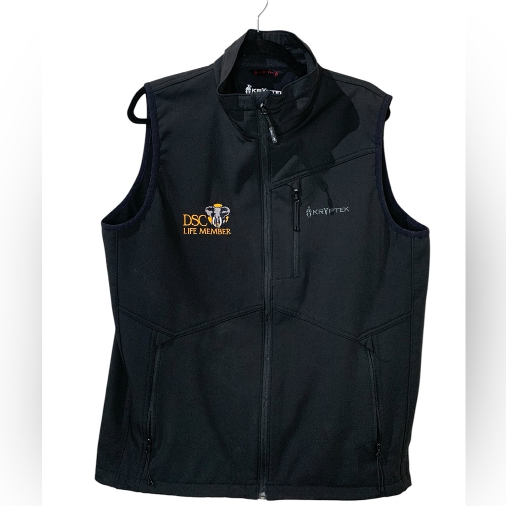 Kryptek vest embroidered with the Dallas Safari Club Life Member logo.